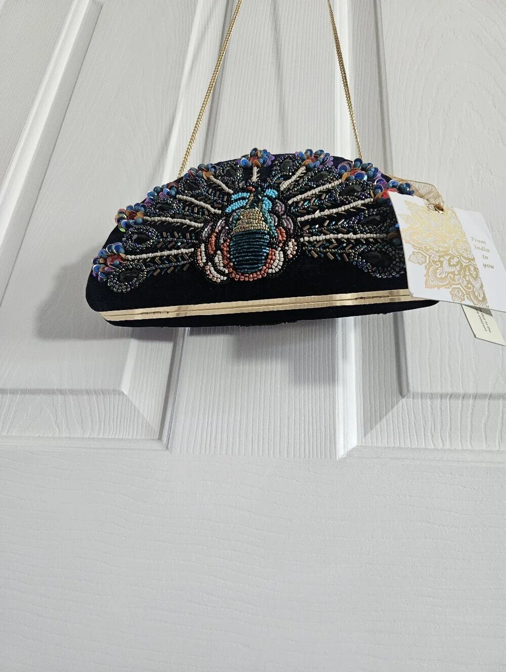 NWT Made In India Beaded Embellished Peacock Hard Case Clutch/Crossbody Bag